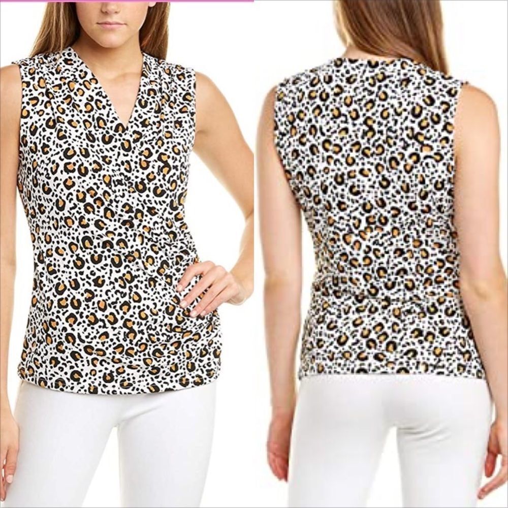 Tahari ASL Fitted sleeveless jersey knit wrap top in cognac cheetah print‎